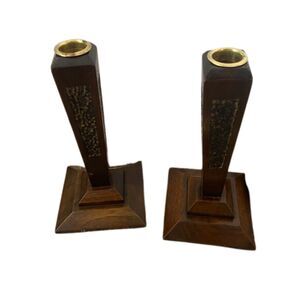 Antique Vintage Mahogany Georgian Style Candlestick Candle Holders Inlay Pair